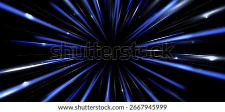 Radial speed rays, light neon flow, zoom in motion effect, blue glow speed lines, colorful light trails, perspective stripes Abstract background, vector illustration.