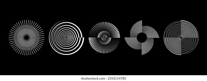 Radial spinning spiral pattern set. Rotating circle sound wave concepts. Circular speed line form collection. Abstract sunburst ray and beam design element for icon, badge, logo, tag, label. Vector