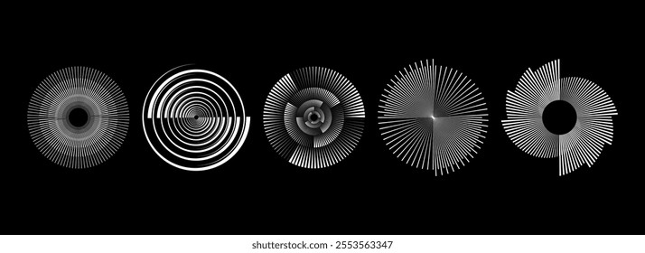 Radial spinning spiral pattern set. Circular speed lines form collection. Rotating circle sound wave concepts. Abstract sunburst ray and beam design element for icon, badge, logo, tag, label. Vector