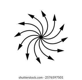 Radial spiral arrow icon. Line centrifuge concentric arrows. Motion spin swirl lines. Expand burst icon. Vector illustration isolated on white background.