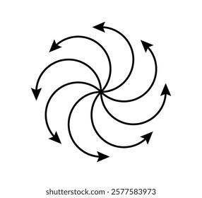 Radial spiral arrow icon. Line centrifuge concentric arrows. Motion spin swirl lines. Expand burst icon. Vector illustration isolated on white background.