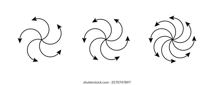 Radial spiral arrow icons set. Line centrifuge concentric arrows. Motion spin swirl lines. Expand burst icon. Vector illustrations isolated on white background.