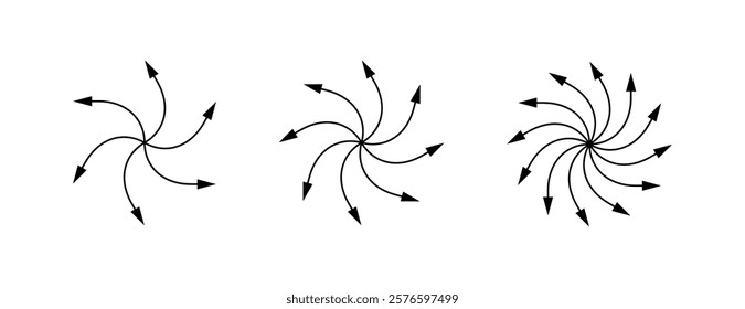 Radial spiral arrow icons set. Line centrifuge concentric arrows. Motion spin swirl lines. Expand burst icon. Vector illustrations isolated on white background.