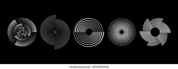 Radial spiral pattern set. Circular spinning speed lines form collection. Rotating circle sound wave concepts. Abstract sunburst ray and beam design element for icon, badge, logo, tag, label. Vector