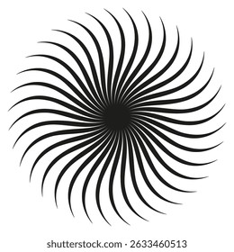 Radial spiral swirl. Abstract sun shape. Bold curved vector. Circular black figure.
