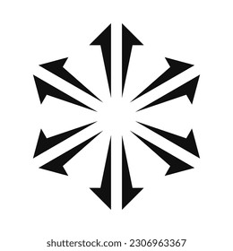 Radial split bursting arrows silhouette icon. A circular arrangement of sliced black arrow symbols. Isolated on a white background.