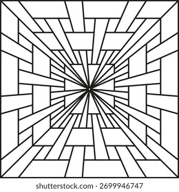 Túnel quadrado radial. Perspectiva de linha abstrata. Padrão de vetor geométrico. Contorno branco preto.