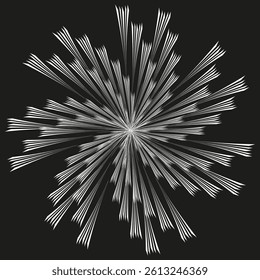 Radial starburst shape. Abstract stripe explosion. Geometric flare figure. Vector dark background.