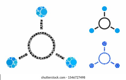Radial structure composition of round dots in variable sizes and color hues, based on radial structure icon. Vector round elements are combined into blue composition.