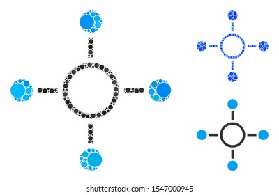 Radial structure composition of spheric dots in different sizes and color hues, based on radial structure icon. Vector round dots are composed into blue illustration.