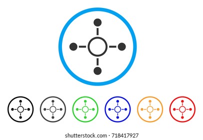 Radial Structure rounded icon. Style is a flat radial structure gray symbol inside light blue circle with black, gray, green, blue, red, orange variants.