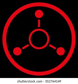 Radial Structure vector icon. Style is flat circled symbol, red color, rounded angles, black background.