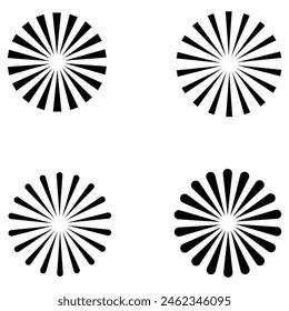 Radial sun burst. Black-white round sunburst icons. Starburst circles. Abstract stripes with center. Sunburst elements isolated on white background. Vector illustration. Eps file 225.