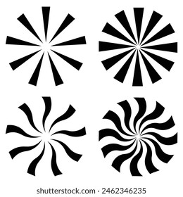 Radial sun burst. Black-white round sunburst icons. Starburst circles. Abstract stripes with center. Sunburst elements isolated on white background. Vector illustration. Eps file 228.