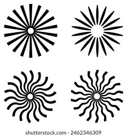 Radial sun burst. Black-white round sunburst icons. Starburst circles. Abstract stripes with center. Sunburst elements isolated on white background. Vector illustration. Eps file 222.