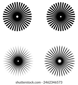 Radial sun burst. Black-white round sunburst icons. Starburst circles. Abstract stripes with center. Sunburst elements isolated on white background. Vector illustration. Eps file 218.