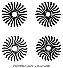 Radial sun burst. Black-white round sunburst icons. Starburst circles. Abstract stripes with center. Sunburst elements isolated on white background. Vector illustration. Eps file 221.