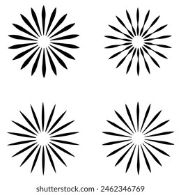 Estallido solar radial. Iconos redondos de ráfaga de sol en blanco y negro. Círculos de estallido. Franjas Abstractas con centro. Elementos de ráfaga de sol aislados sobre fondo blanco. Ilustración vectorial. Archivo Eps 219.