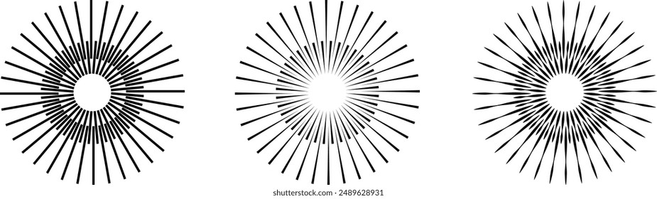 Estallido solar radial. Iconos redondos de ráfaga de sol en blanco y negro. Círculos de estallido. Franjas Abstractas con centro. Elementos de ráfaga de sol aislados sobre fondo blanco. Estrellas circulares. Vector.