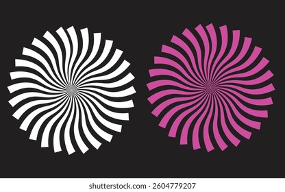 Radial sun burst. Black-white round sunburst icons. Starburst circles. Abstract stripes with center. Sunburst elements isolated on white background. Circular stars. Vector.
