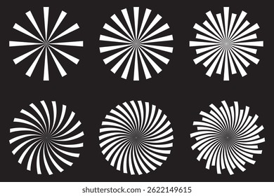 Explosão do sol radial. Ícones redondos e preto-branco de explosão solar. Círculos de explosão. Listras abstratas com centro. Elementos de explosão solar isolados em fundo branco. Estrelas circulares. Vetor.
