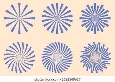Radial sun burst. Black-white round sunburst icons. Starburst circles. Abstract stripes with center. Sunburst elements isolated on white background. Circular stars. Vector.