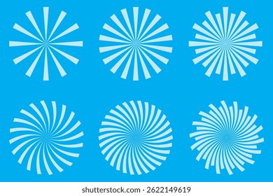 Radial sun burst. Black-white round sunburst icons. Starburst circles. Abstract stripes with center. Sunburst elements isolated on white background. Circular stars. Vector.