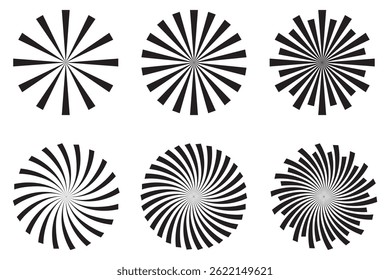 Explosão do sol radial. Ícones redondos e preto-branco de explosão solar. Círculos de explosão. Listras abstratas com centro. Elementos de explosão solar isolados em fundo branco. Estrelas circulares. Vetor.