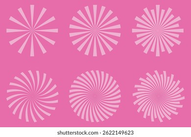 Radial sun burst. Black-white round sunburst icons. Starburst circles. Abstract stripes with center. Sunburst elements isolated on white background. Circular stars. Vector.