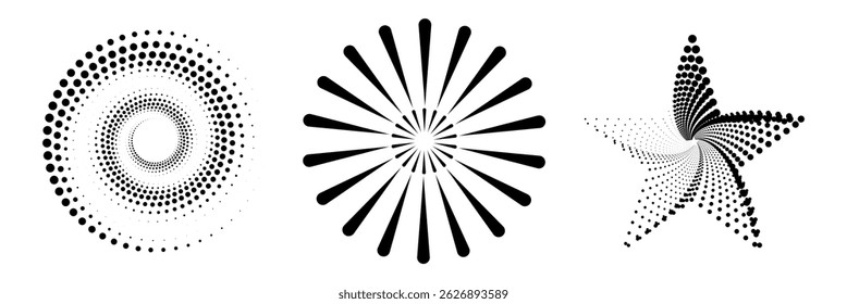 Radial sun burst. Black-white round sunburst icons. Starburst circles. Abstract stripes with center. Sunburst elements isolated on white background. Circular stars. Vector.