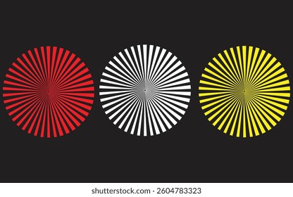 Radial sun burst. Black-white and yellow round sunburst icons. Starburst circles. Abstract stripes with center. Sunburst elements isolated on white background. Circular stars. Vector.