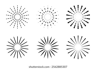 Radial Sunburst icon, emblem. Sunburst icon, vector. Collection of sun rays design. Radial circle, Sunrise and sunset icon concept. Vector illustration.