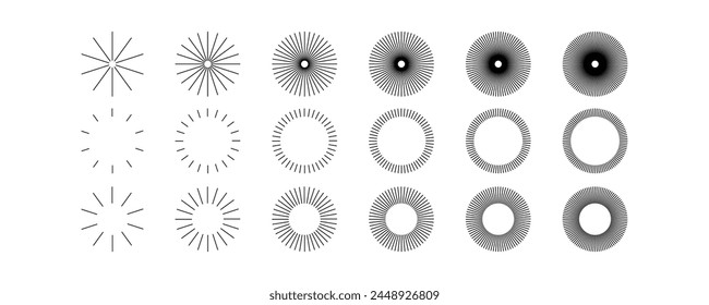 Radial Sunburst set Elementos de diseño para la marca de logotipo Afiches de la boda Ilustración vectorial de negocios de pegatinas de Anuncio