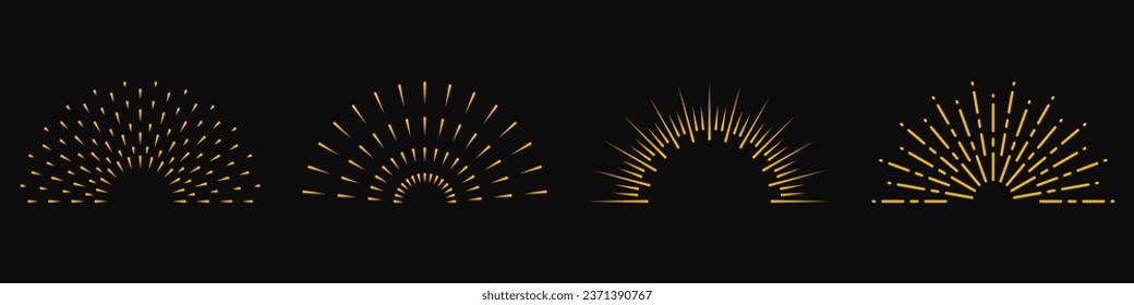 Radial Sunburst, Vintage Decoration Icon Set. Round Ray Symbol Collection. Abstract Firework, Sparkle Sunbeam, Sunrise Light Pictogram. Starburst, Circle Sun Burst. Isolated Vector Illustration.