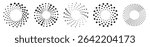 Radial swirl halftone element. Round dotted spiral vortex logo. Halftone concentric circles icons. Swirling dotted circle whirl elements