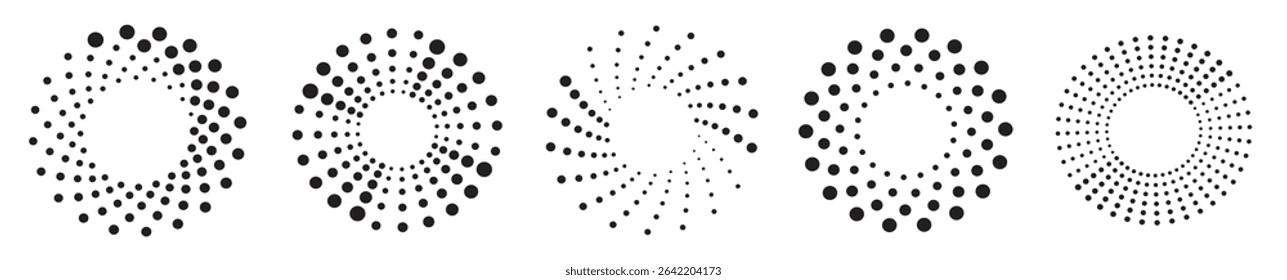 Radial swirl halftone element. Round dotted spiral vortex logo. Halftone concentric circles icons. Swirling dotted circle whirl elements