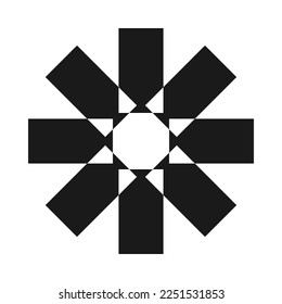 Radiale große Rechtecke mit negativem Raumsymbol. Eine kreisförmige Gruppe rechteckiger Formen. Einzeln auf weißem Hintergrund.