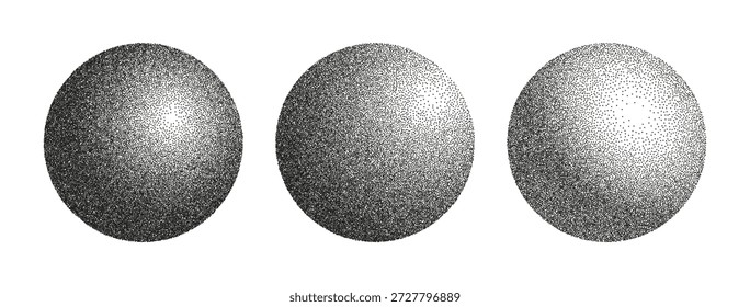 Radial transition spheres set. Vector isolated monochrome circular gradient of different shades of single color. Grunge circlets with grain noise texture. Grainy interference repercussion