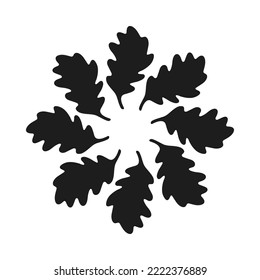 Radial verdrehte Eiche hinterlässt Silhouettensymbol. Dunkelfarbene Quercus-Arten blättern in einer kreisförmigen Form. Einzeln auf weißem Hintergrund.