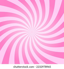 Radial twisted stipes, pinwheel pattern, vortex rosy sunset. Pink circus, festival or carnival background. Strawberry bubble gum, sweet lollipop candy, ice cream texture. Vector cartoon illustration