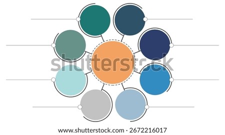 Radial vector infographic template with a central orange circle connected to eight surrounding colored circles. Each outer circle includes a pointer line for labeling, forming a hub-and-spoke layout
