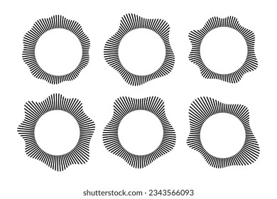 Radial wave sound lines. Circular frame. Sound circle ring. Wavy roun frame. Radial sun rays symbol. Wavy geometric silhouette. Abstract design element. Vector illustration on white background.