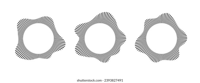 Radial wave sound lines. Circular frame. Sound circle ring. Wavy round frame. Radial rays symbol. Wavy geometric design element. Equalizers, radial spectrum. Vector illustration on white background.