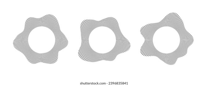 Radialwellen-Schalllinien. Circular frame Schallkreisring. Wavy runder Rahmen. Radialrochen-Symbol. Wavy Geometric Design Element. Equalizer, Radialspektrum. Vektorgrafik auf weißem Hintergrund.