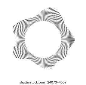 Radial wave sound lines. Circular frame. Sound circle ring. Wavy round frame. Radial rays symbol. Wavy geometric design element. Equalizers, radial spectrum. Vector illustration on white background.