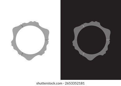 Radial wave sound lines. Circular frame. Sound circle ring. Wavy round frame. Radial rays symbol. Wavy geometric design element. Equalizers, radial spectrum. Vector illustration on white background.
