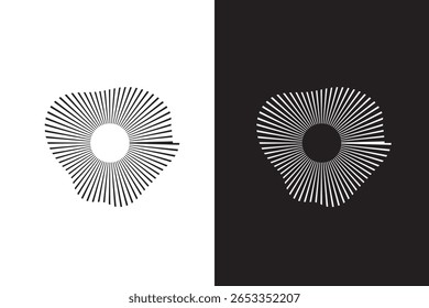 Radial wave sound lines. Circular frame. Sound circle ring. Wavy round frame. Radial rays symbol. Wavy geometric design element. Equalizers, radial spectrum. Vector illustration on white background.