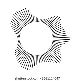Linhas sonoras de ondas radiais. Quadro circular. Anel de círculo de som. Quadro arredondado ondulado. Símbolo de raios solares radiais. Silhueta geométrica ondulada. Elemento de design abstrato. Ilustração vetorial sobre fundo branco.
