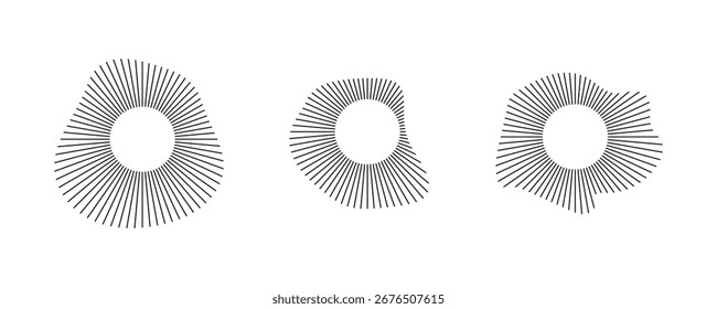 Radial wave sound lines. Circular frame. Sound circle ring. Circular frame. Round shape. Radial black concentric particles. Radial sun rays symbol. vector illustration
