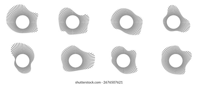 Líneas de sonido de onda radial. Marco circular. Anillo de círculo sonoro. Marco circular. Forma redonda. Partículas concéntricas negras radiales. Símbolo de rayos solares radiales. Ilustración vectorial